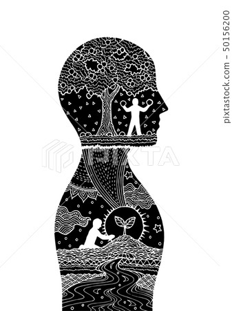 Human head man inside planting tree invert color Human head man inside planting tree invert color 50156200