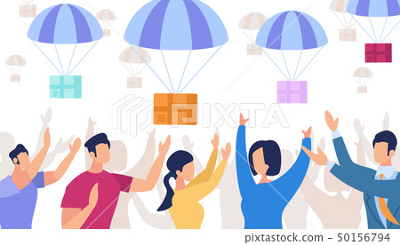 Parachutes with Boxes Falling from Sky. Delivery Parachutes with Boxes Falling from Sky. Delivery 50156794