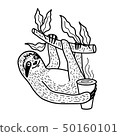 Cute sloth nahging on a tree branch with a cup of hot coffee. Hand drawn, doodle style vector 50160101