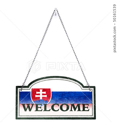 Slovakia welcomes you! Old metal sign isolated 50161539