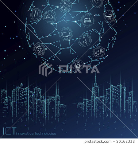 Internet of things low poly smart city 3D wire mesh. Intelligent building automation IOT concept Internet of things low poly smart city 3D wire mesh. Intelligent building automation IOT concept 50162338