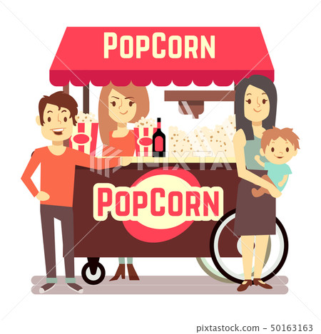 Family buys popcorn from a cute girl seller 50163163