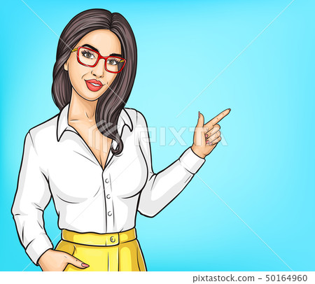 Pop art woman point with index finger on something 50164960