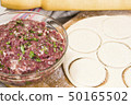 fresh raw dough and beef forcemeat 50165502