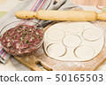 fresh raw dough and beef forcemeat 50165503