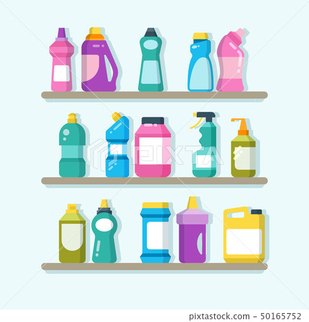 Household cleaner products and laundry goods on shelves. House cleaning service vector concept 50165752