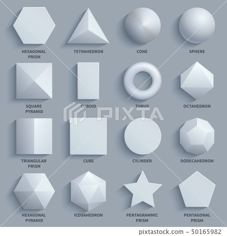 Top view realistic white math basic 3d shapes vector set. Three dimensional geometric figures 50165982