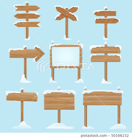 Cartoon wooden signs with snow. Christmas winter holidays vector elements 50166232