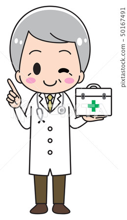 Grandfather teacher holding a first aid kit Grandfather teacher holding a first aid kit 50167491