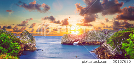 Vivid landscape of beach and coast with mountains 50167650