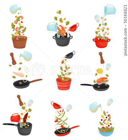 Set the cut products are poured into the pan. Vector illustration. Set the cut products are poured into the pan. Vector illustration. 50168821
