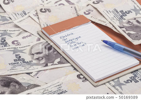 Monthly expenses list on Turkish lira banknotes Monthly expenses list on Turkish lira banknotes 50169389