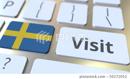 VISIT text and flag of Sweden on the buttons on the computer keyboard. Conceptual 3D rendering 50172052