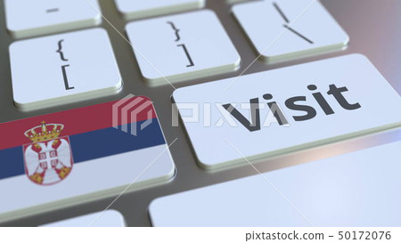 VISIT text and flag of Serbia on the buttons on the computer keyboard. Conceptual 3D rendering 50172076