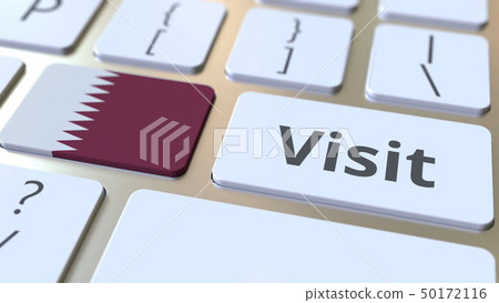 VISIT text and flag of Qatar on the buttons on the computer keyboard. Conceptual 3D rendering 50172116