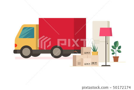 Moving truck and moving boxes outdoors. Removal 50172174