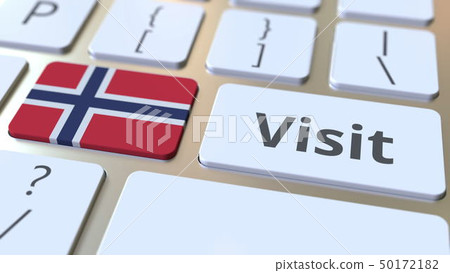 VISIT text and flag of Norway on the buttons on the computer keyboard. Conceptual 3D rendering 50172182