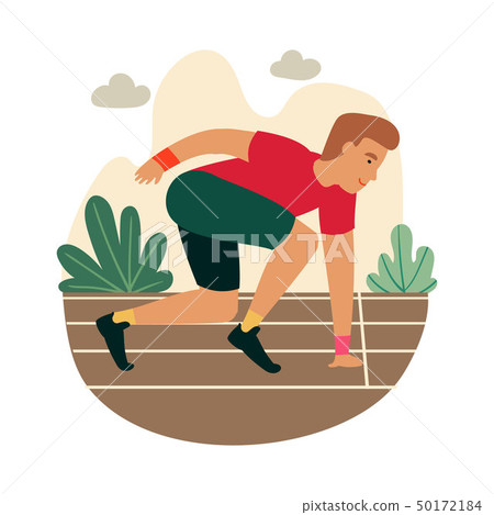 Cartoon sprinter ready to sprint on starting line. 50172184
