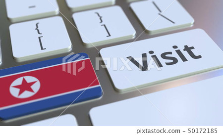 VISIT text and flag of North Korea on the buttons on the computer keyboard. Conceptual 3D rendering 50172185