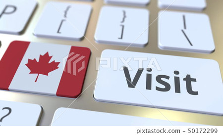 VISIT text and flag of Canada on the buttons on the computer keyboard. Conceptual 3D rendering 50172299