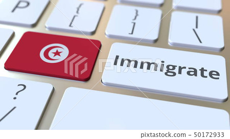 IMMIGRATE text and flag of Tunisia on the buttons on the computer keyboard. Conceptual 3D rendering IMMIGRATE text and flag of Tunisia on the buttons on the computer keyboard. Conceptual 3D rendering 50172933