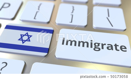 IMMIGRATE text and flag of Israel on the buttons on the computer keyboard. Conceptual 3D rendering IMMIGRATE text and flag of Israel on the buttons on the computer keyboard. Conceptual 3D rendering 50173058