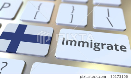 IMMIGRATE text and flag of Finland on the buttons on the computer keyboard. Conceptual 3D rendering 50173106