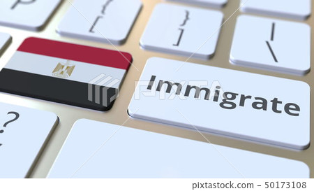 IMMIGRATE text and flag of Egypt on the buttons on the computer keyboard. Conceptual 3D rendering 50173108
