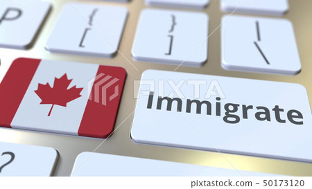 IMMIGRATE text and flag of Canada on the buttons on the computer keyboard. Conceptual 3D rendering 50173120