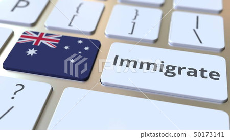 IMMIGRATE text and flag of Australia on the buttons on the computer keyboard. Conceptual 3D IMMIGRATE text and flag of Australia on the buttons on the computer keyboard. Conceptual 3D 50173141