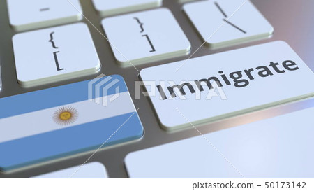 IMMIGRATE text and flag of Argentina on the buttons on the computer keyboard. Conceptual 3D 50173142