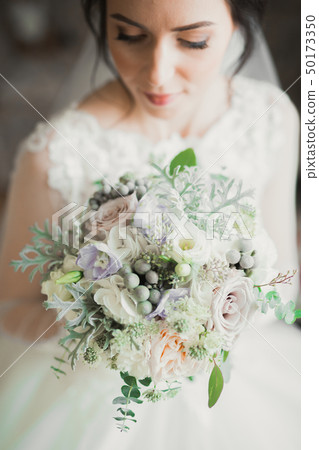 Luxury bride in white dress posing while preparing for the wedding ceremony Luxury bride in white dress posing while preparing for the wedding ceremony 50173350
