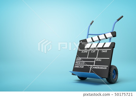 3d rendering of a movie clapper on a hand truck on blue background 50175721