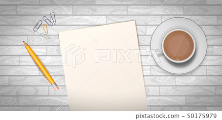 Wooden table with cup of coffee and empty document Wooden table with cup of coffee and empty document 50175979