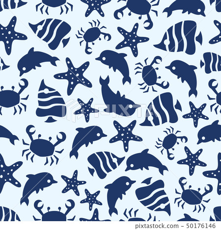 Sealife seamless pattern with fish, sea stars, crabs and dolphins 50176146