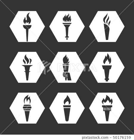 Grey flat torch with flame icons set Grey flat torch with flame icons set 50176159