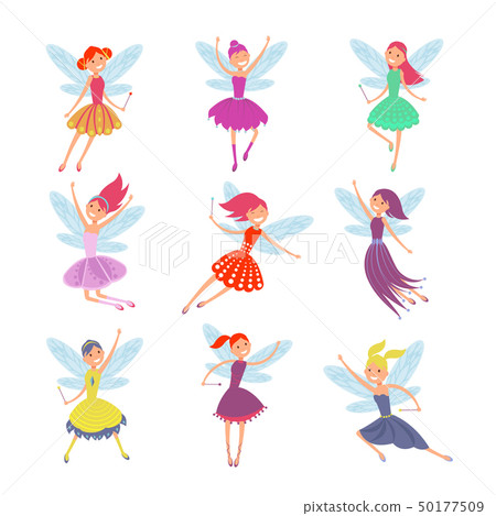 Flying fairy girls with angle wings vector characters set 50177509