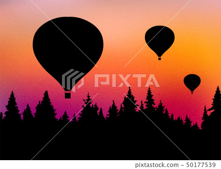 forest, flying hot air balloons and orange sky 50177539