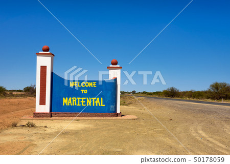 Welcome to Mariental road sign between Windhoek and Keetmanshoop in Namibia 50178059