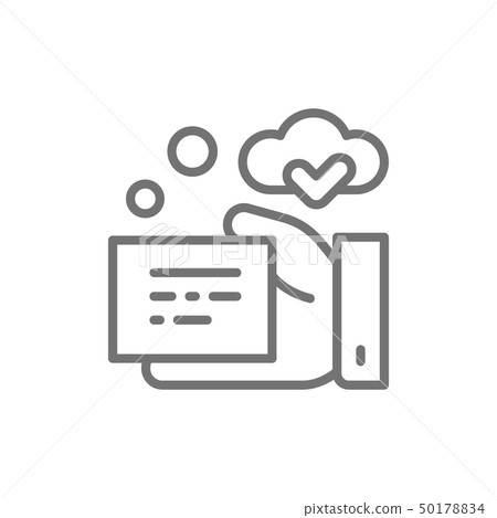 Hand with receipt, signed prescription, quality control line icon. Hand with receipt, signed prescription, quality control line icon. 50178834