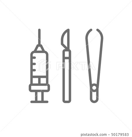 Instruments for surgery, medical scalpel, tweezers, clamp and syringe line icon. 50179583