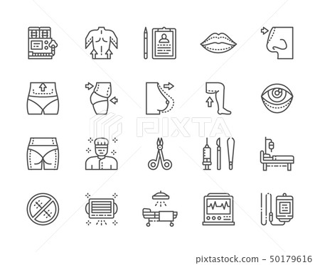 Set of Plastic Surgery Line Icons. Surgeon, Liposuction, Rhinoplasty and more. 50179616
