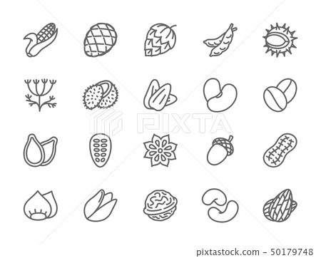 Set of Nuts, Seeds and Vegetables Line Icons. Pack of 48x48 Pixel Icons 50179748