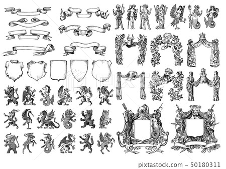 Heraldry in vintage style. Engraved coat of arms with animals, birds, mythical creatures, fish 50180311