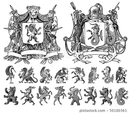 Heraldry in vintage style. Engraved coat of arms with animals, birds, mythical creatures, fish 50180361