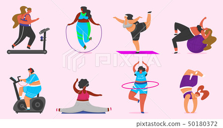 Fitness girls Plus Size. Health sport in club. Set of Fat Woman