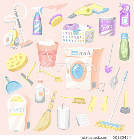 Cleaning tools Set. House icons. Washing machine, Detergents for apartments, Water bucket for Cleaning tools Set. House icons. Washing machine, Detergents for apartments, Water bucket for 50180434