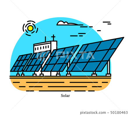 Solar power plant. Conversion of concentrated energy from sunlight into electricity. Powerhouse or 50180463