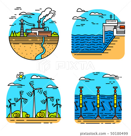 Generating energy. Power plants icons. Industrial buildings. Set of Ecological sources of 50180499