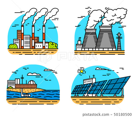 Power plants icons. Industrial buildings. Nuclear Factories, Chemical Geothermal, Solar Wind Tidal 50180500